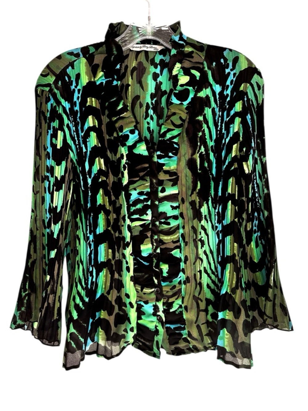 Signature by Larry Levine Pleated Green Blue Black Print Ruffled Blouse Size LP